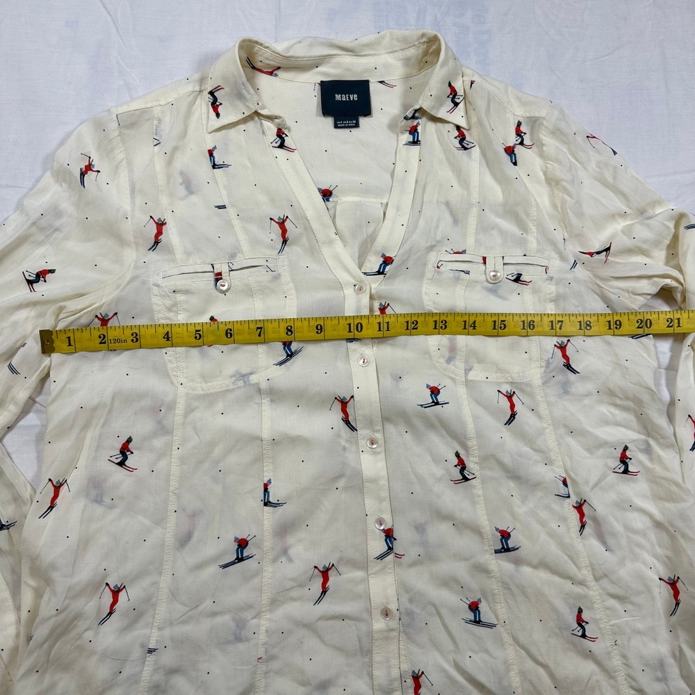 Maeve Anthropologie Skier Print Button Down Blouse Ivory Rayon Long Sleeve Sz 4 - Picture 7 of 8